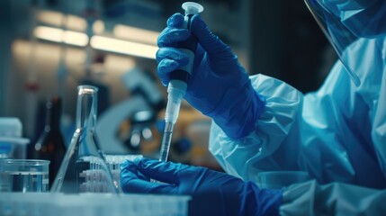 Biologist in personal protective equipment conducting experiments in biological laboratory