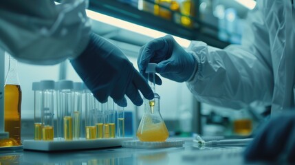 Biologist in personal protective equipment conducting experiments in biological laboratory