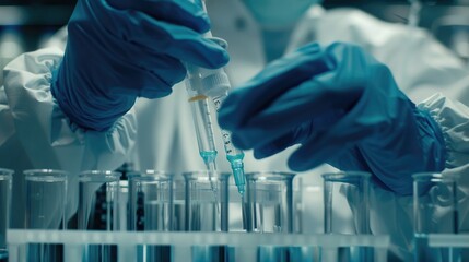 Biologist in personal protective equipment conducting experiments in biological laboratory