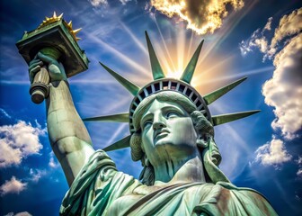 Fototapeta premium Close-up of iconic copper head of freedom symbol, wearing crown and tablet, set against bright blue sky with subtle sunburst and clouds.