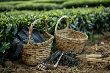 Woven baskets and tools for tea picking