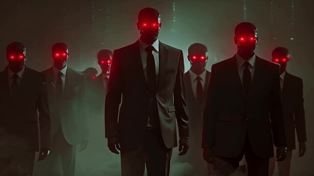 Pushing towards a dark group of men in suits with glowing red eyes For shadow government conspiracy meme.