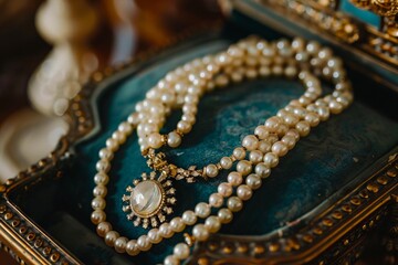 A pearl necklace sits in an antique jewelry box.