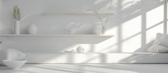 Modern, simplistic, and inviting white interior design with shelves, sunlight, and shadows.