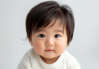 Naklejka premium Closeup photo of Asian baby wearing white looking camera his head tilted one side background pure white photo taken using Canon EOS R5 using macro lens focusing capturing detail texture high