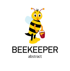 Cute bee holding honey. happy cartoon bee flying with bucket of honey. Smiling cartoon character bee. Vector illustration isolated on white background.