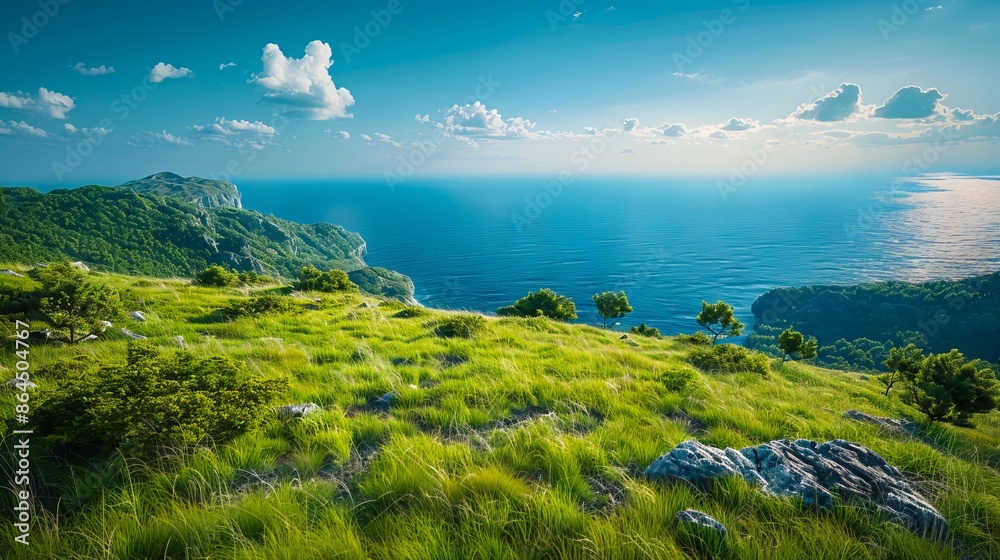 Wall mural a beautiful view of the ocean and mountains.