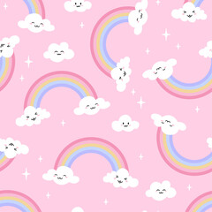 Seamless pattern with rainbows and clouds. Vector illustration. Texture for print, textile, fabric, packaging.