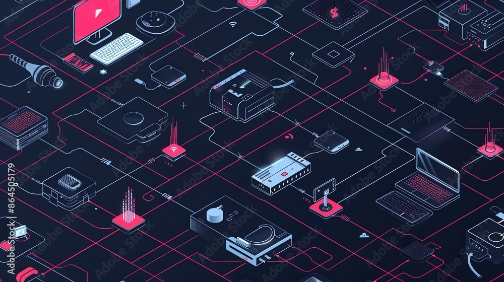 Fototapete illustration of a modern home network with routers, modems, smart home gadgets, and computers connec
