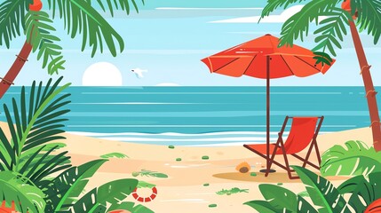 Obraz premium Tropical beach scene with palm trees, beach chair and umbrella. Concept of summer vacation, travel, relaxation, and paradise.