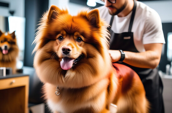 Professional groomer cut fur with scissors and clipper at the little smile dog terrier shpitz labradoodle. Funny red dog sitting at the grooming salon or vet clinic and looked trustingly