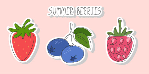 Summer cute berries sticker set. Hand drawn Doodle abstract Blueberry, Strawberry, raspberry isolated. Sticker healthy natural organic fruit food elements for design