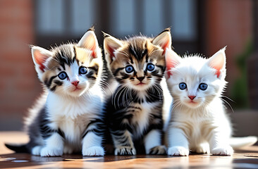 Three small assorted kittens sit against the background of the sky and look around with curiosity....