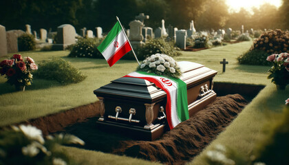Obraz premium A solemn tribute to a fallen hero, the Iran flag adorns a coffin at a graveside service, a symbol of gratitude and respect