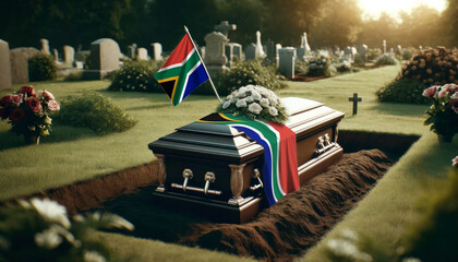 A solemn tribute to a fallen hero, the South Africa flag adorns a coffin at a graveside service, a symbol of gratitude and respect