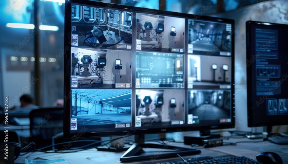 Poster Security Monitor Displaying Multiple Live Feeds of Interior Spaces