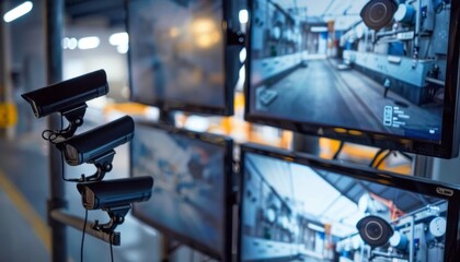 Three Security Cameras Mounted On a Wall With Multiple Screens Displaying Live Footage