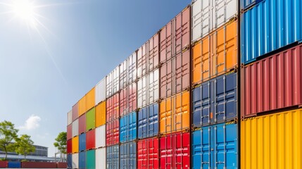 Fototapeta premium photograph of multicolored containers stacked at a port, for advertising and background, wide angle lens daylight, representing global trade and logistics