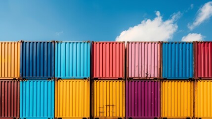 Fototapeta premium photograph of multicolored containers stacked at a port, for advertising and background, wide angle lens daylight, representing global trade and logistics