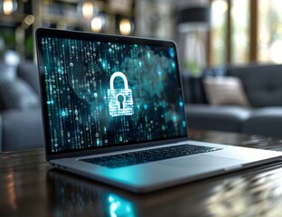 Laptop Displaying A Digital Lock Icon On A Table In A Living Room