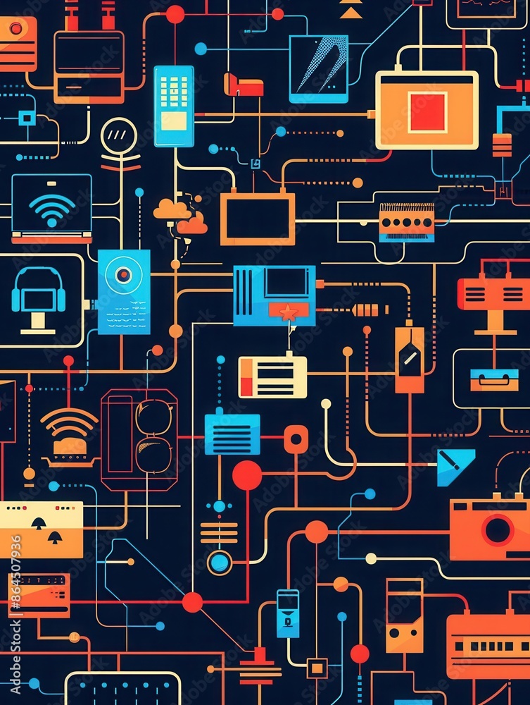 Leinwandbilder a vibrant illustration of network devices and smart home gadgets, all connected by abstract lines re