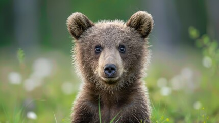 Obraz premium Curious Brown Bear Cub in Lush Greenery