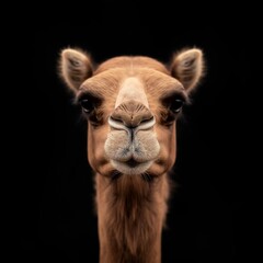 Fototapeta premium Close-up frontal portrait of a serene Camel with a distinct nose and gentle expression on a black background.
