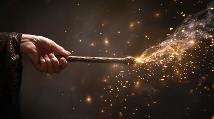 Witch casting a spell with a wand, sparkling magic flowing from the tip, left third copy space