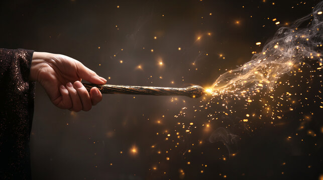 Witch casting a spell with a wand, sparkling magic flowing from the tip, left third copy space