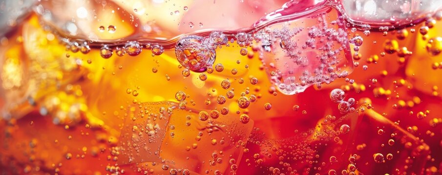 Close-up of refreshing orange and red soda with ice cubes and bubbles