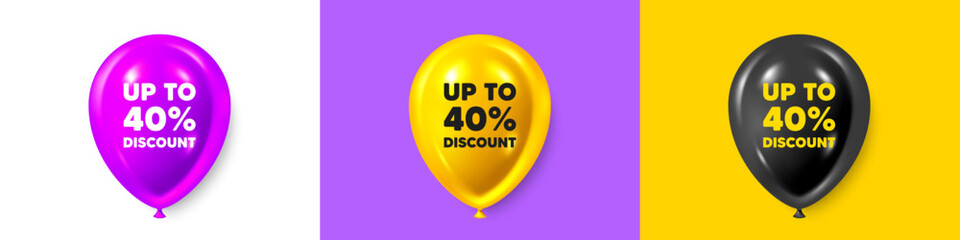 Birthday balloons 3d icons. Up to 40 percent discount. Sale offer price sign. Special offer symbol. Save 40 percentages. Discount tag text message. Party balloon banners with text. Vector