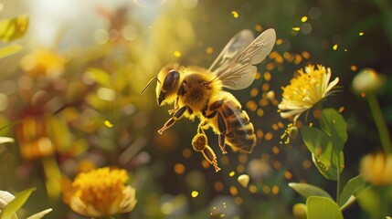 Naklejka premium Honey bee flying, gathering pollen from flower for essential pollination process