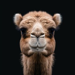 Fototapeta premium Close-up portrait of a camel against a black background, highlighting its facial features.