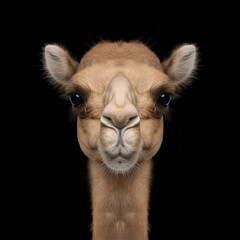 Fototapeta premium Close-up portrait of a camel against a black background, highlighting its facial features.