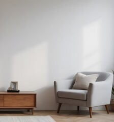 Wooden cabinet and accessories decor in living room interior on empty white wall background. Wooden shelves.	