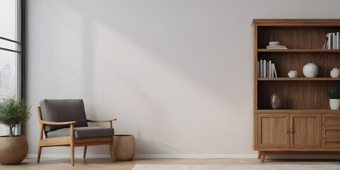 Fototapeta premium Wooden cabinet and accessories decor in living room interior on empty white wall background. Wooden shelves. 