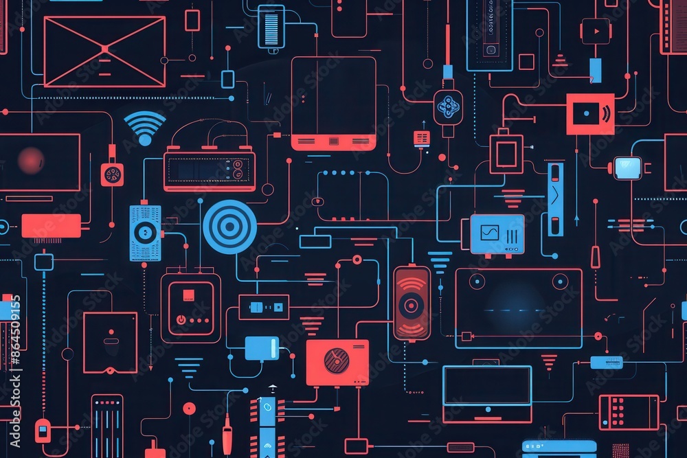 Poster Illustration showing the connection of home devices like routers, modems, and smart gadgets with abstract lines indicating data flow. Generative AI