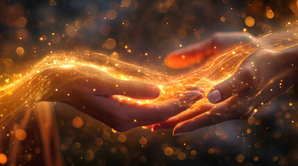 Witch laying hands on a person, radiant energy flowing between them, right third copy space