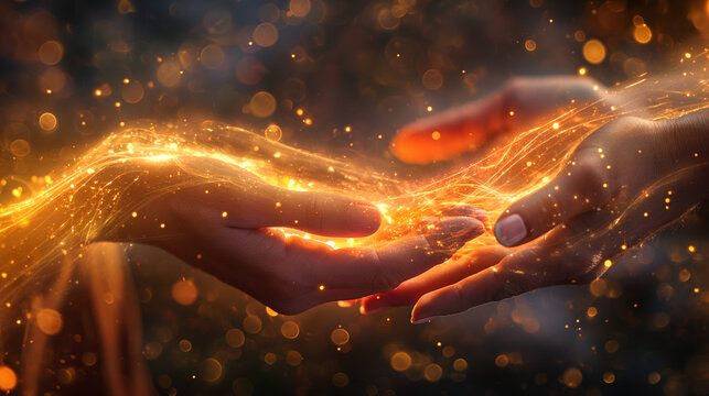 A mystical scene where a witch lays her hands on a person and radiant energy flows between them. The atmosphere is filled with magic, spirituality and supernatural power. Ideal for fantasy projects