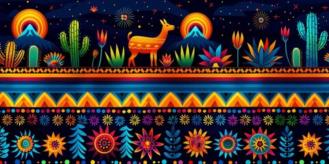  a vibrant Mexican folk art landscape. It features a beautifully patterned llama, various types of cacti, and an array of exotic flowers.