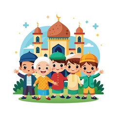 Happy cartoon Muslim kids vector in front of mosque