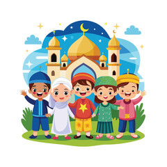 Happy cartoon Muslim kids vector in front of mosque
