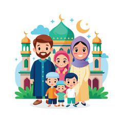 Fototapeta premium Happy cartoon Muslim kids vector in front of mosque