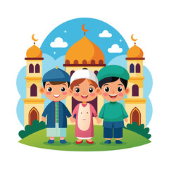 Happy cartoon Muslim kids vector in front of mosque
