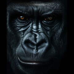 Obraz premium Close-up of a gorilla's face with an intense gaze against a black background.