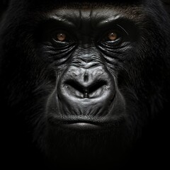 Obraz premium Close-up of a gorilla's face with an intense gaze against a black background.