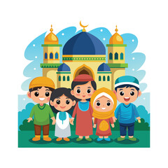 Happy cartoon Muslim kids vector in front of mosque