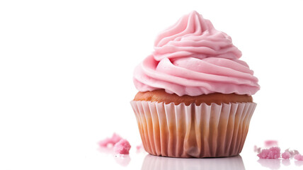 A pink cupcake with swirled frosting and crumbs, set on a white background.