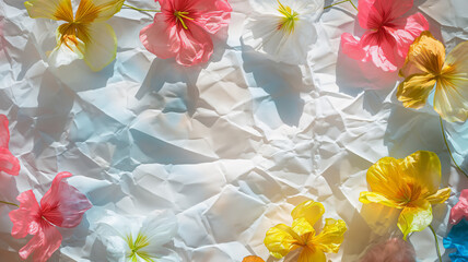 Crumpled colorful flowers in pink, yellow, and white, scattered on a white crumpled background.