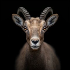 Close-up of an ibex's face with an intense gaze against a black background.